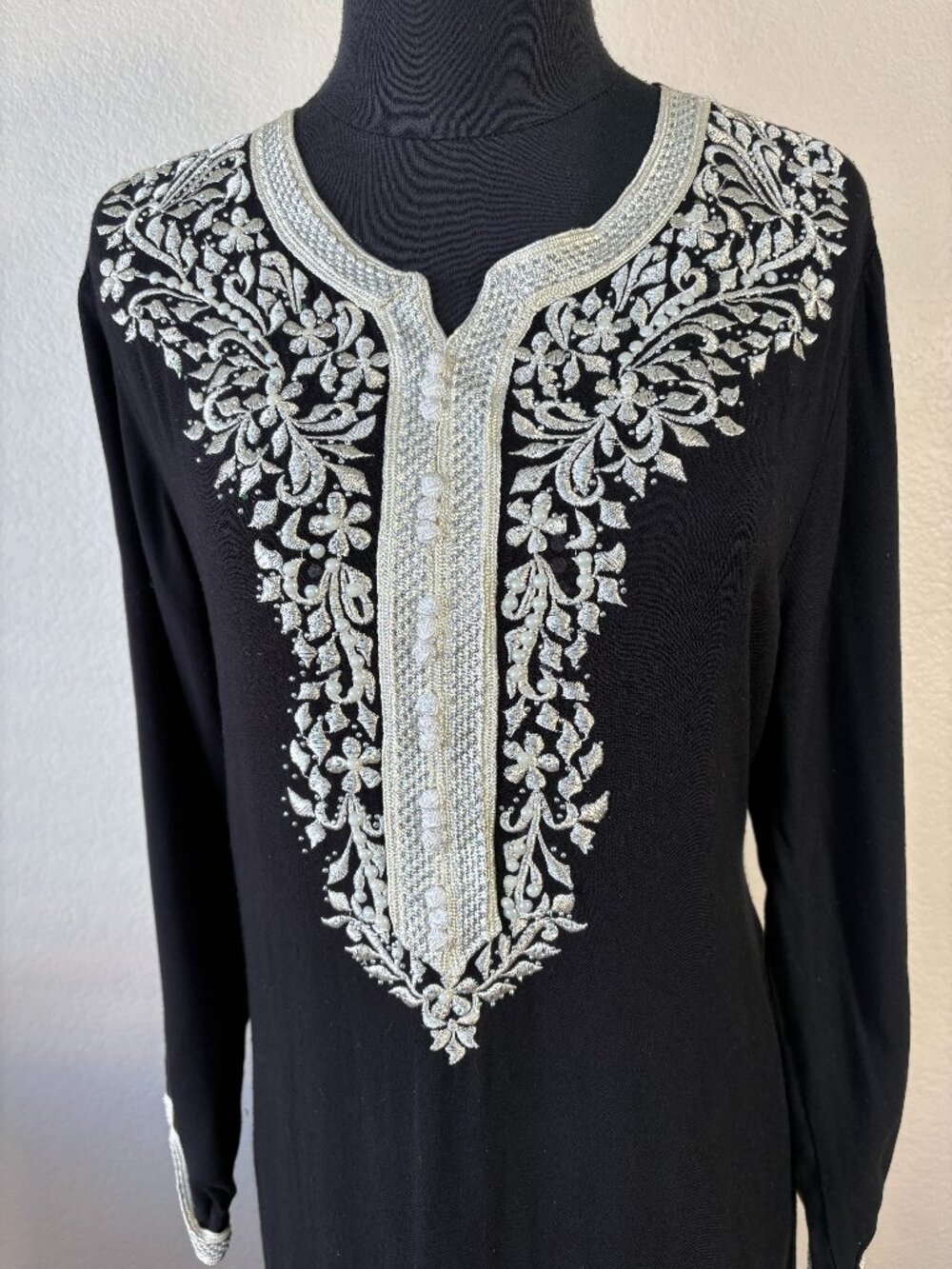 Biya Johnny Was Embroidered Black Kaftan Maxi Dress Boho Medium